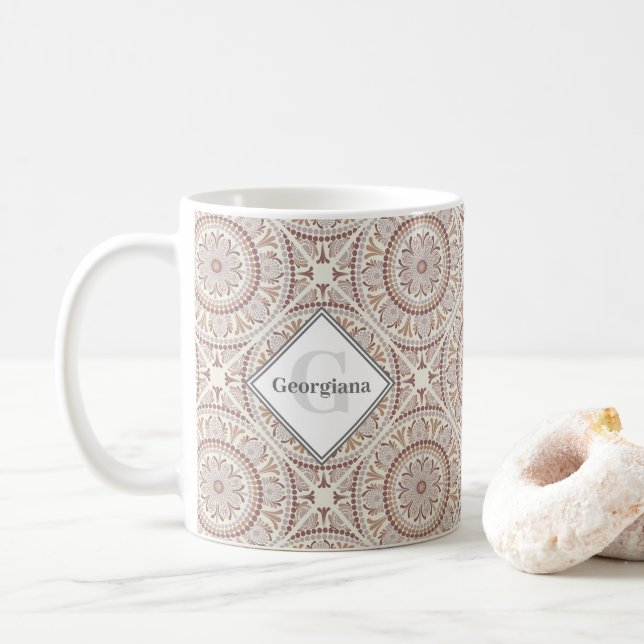 Monogrammed Warm Neutrals Dot Mandala Diamond Tile Coffee Mug (With Donut)