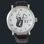 Monogrammed watch gift for saxophone player<br><div class="desc">Monogrammed watch gift for saxophone player. Personalized time piece for adults and kids. Roman numerals with stylish script typography and sax instrument icon plus music notes. Classy black leather band. Elegant black and white logo with custom name monogram or quote. Unique Christmas or Birthday gift idea for saxophonist, teacher, student,...</div>