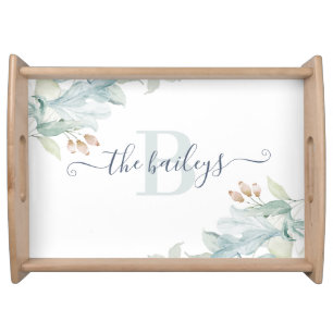 Monogrammed Watercolor Blue Floral Serving Tray