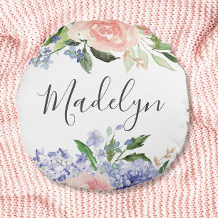 Monogrammed Watercolor Blue Pink Hydrangea Floral Throw Pillow