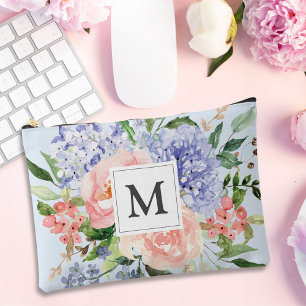 Monogrammed Watercolor Blue Pink Spring Floral Accessory Pouch