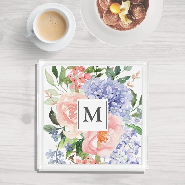 Monogrammed Watercolor Blue Pink Spring Floral Acrylic Tray (In situ)