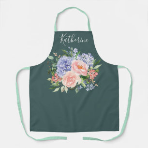 Monogrammed Watercolor Blue Pink Spring Floral Apron