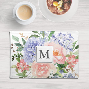 Monogrammed Watercolor Blue Pink Spring Floral Cloth Placemat