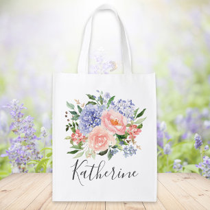 Monogrammed Watercolor Blue Pink Spring Floral Grocery Bag