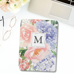 Monogrammed Watercolor Blue Pink Spring Floral iPad Air Cover