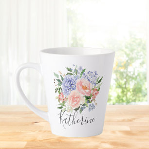 Monogrammed Watercolor Blue Pink Spring Floral Latte Mug