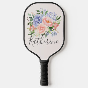 Monogrammed Watercolor Blue Pink Spring Floral Pickleball Paddle