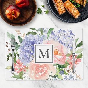 Monogrammed Watercolor Blue Pink Spring Floral Placemat