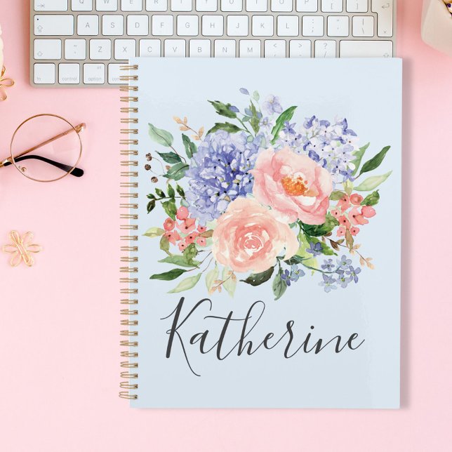 Monogrammed Watercolor Blue Pink Spring Floral Planner (In situ)