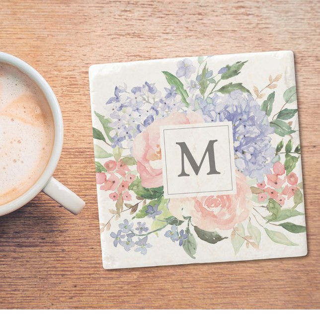 Monogrammed Watercolor Blue Pink Spring Floral Stone Coaster (In situ)