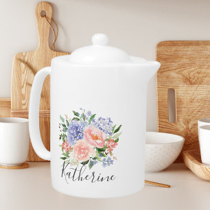 Monogrammed Watercolor Blue Pink Spring Floral Teapot