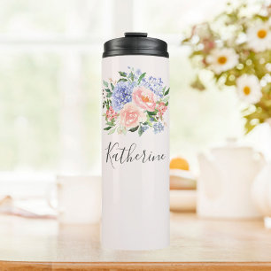 Monogrammed Watercolor Blue Pink Spring Floral Thermal Tumbler