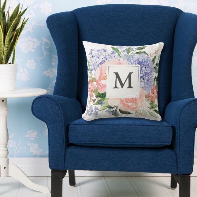 Monogrammed Watercolor Blue Pink Spring Floral Throw Pillow (Creator Uploaded)