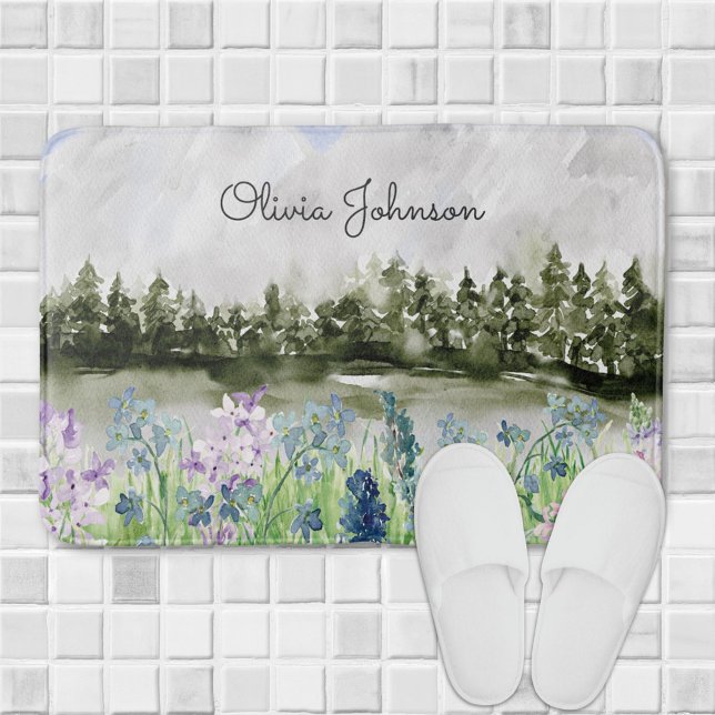 Monogrammed Watercolor Blue Purple Flower Meadow Bath Mat (In situ bedroom floor)