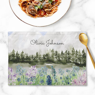Monogrammed Watercolor Blue Purple Flower Meadow Cloth Placemat