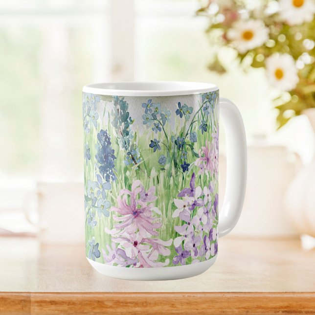 Monogrammed Watercolor Blue Purple Flower Meadow Coffee Mug (In situ kitchen table)