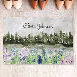 Monogrammed Watercolor Blue Purple Flower Meadow Doormat