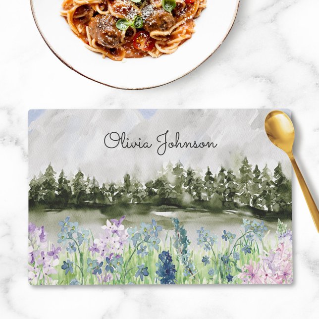 Monogrammed Watercolor Blue Purple Flower Meadow Placemat (In situ kitchen table)