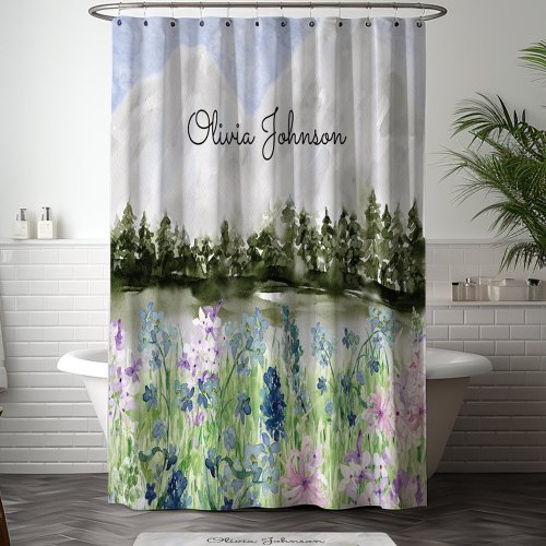 Monogrammed Watercolor Blue Purple Flower Meadow Shower Curtain