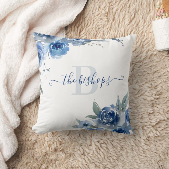 Monogrammed Watercolor Blue Rose Pillow (Blanket)