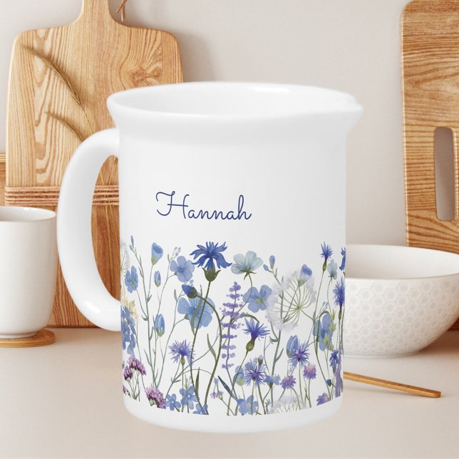 Monogrammed Watercolor Blue Wildflower Meadow Beverage Pitcher (Creator Uploaded)