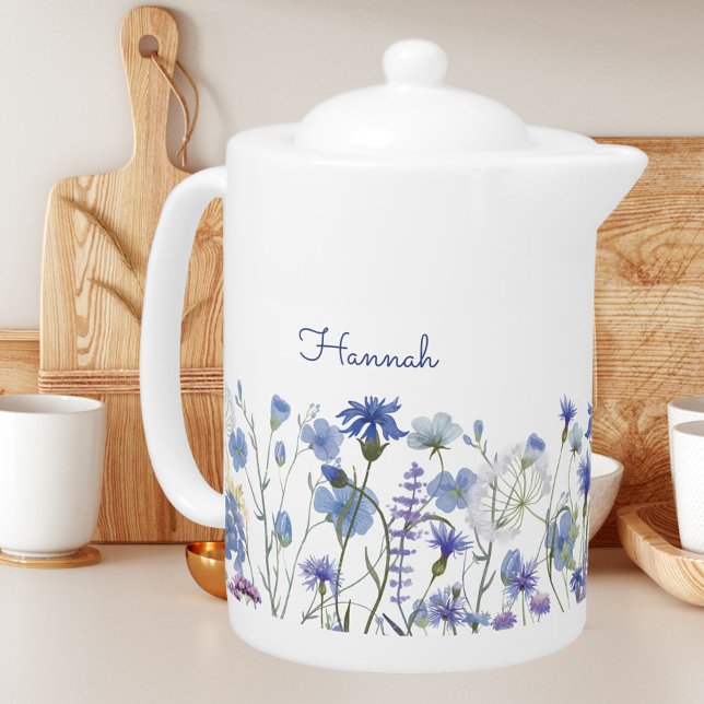 Monogrammed Watercolor Blue Wildflower Meadow Teapot (In situ)
