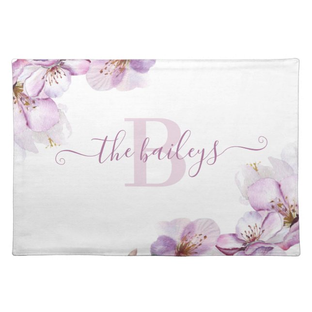 Monogrammed Watercolor Cherry Blossom Placemat (Front)