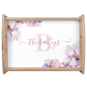 Monogrammed Watercolor Cherry Blossom Serving Tray