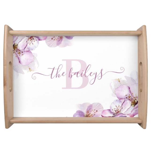 Monogrammed Watercolor Cherry Blossom Serving Tray (Front)
