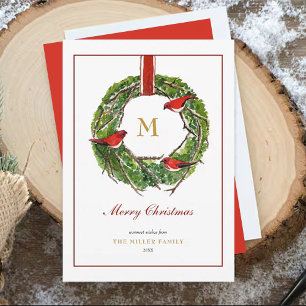 Monogrammed Watercolor Christmas Wreath Holiday Card