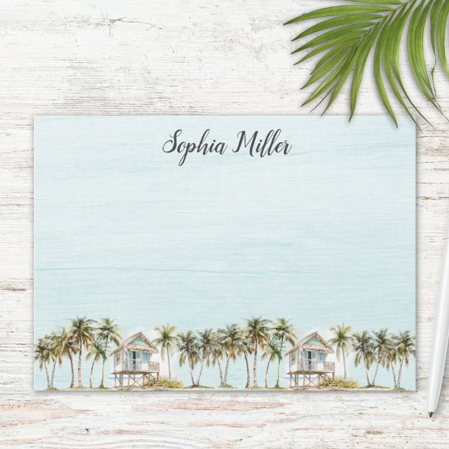 Monogrammed Watercolor Coconut Palm Trees Beach Note Card (Creator Uploaded)