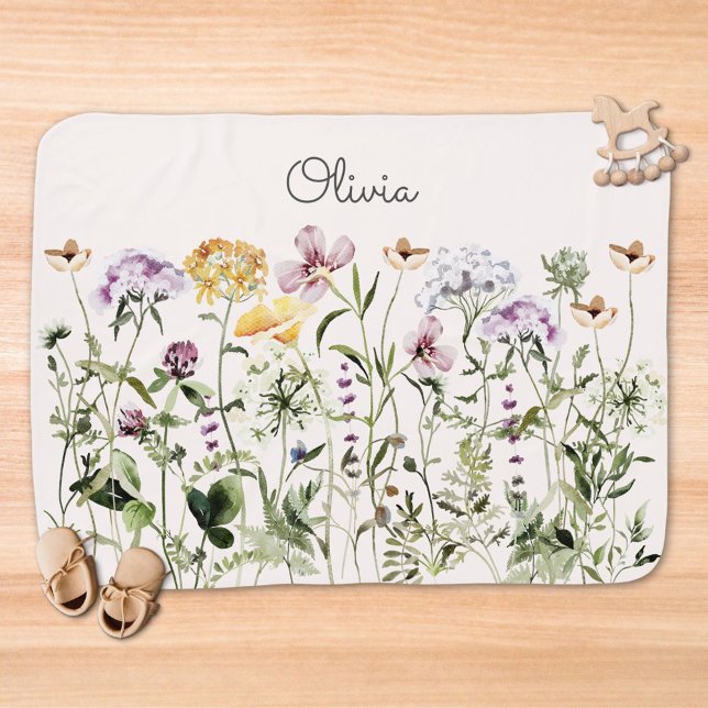 Monogrammed Watercolor Colorful Wildflower Garden Baby Blanket (Close up)