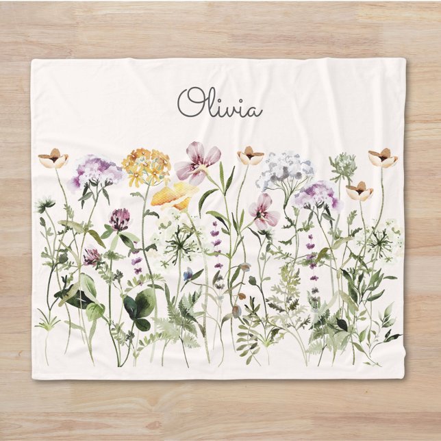 Monogrammed Watercolor Colorful Wildflower Garden Fleece Blanket (Close up)