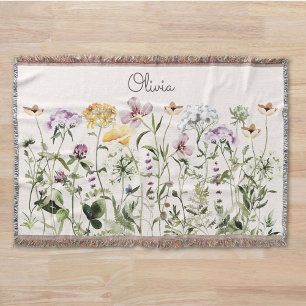 Monogrammed Watercolor Colorful Wildflower Garden Throw Blanket