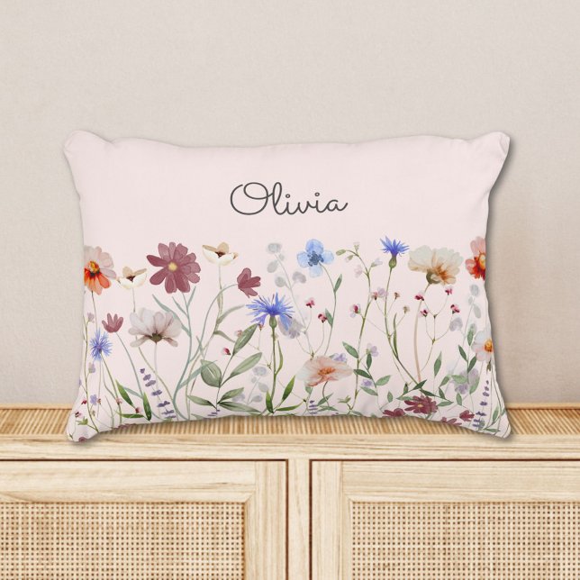 Monogrammed Watercolor Colorful Wildflower Meadow Accent Pillow (In situ)