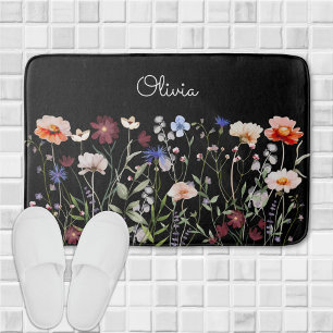 Monogrammed Watercolor Colorful Wildflower Meadow Bath Mat