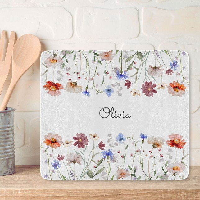 Monogrammed Watercolor Colorful Wildflower Meadow Cutting Board (In situ)