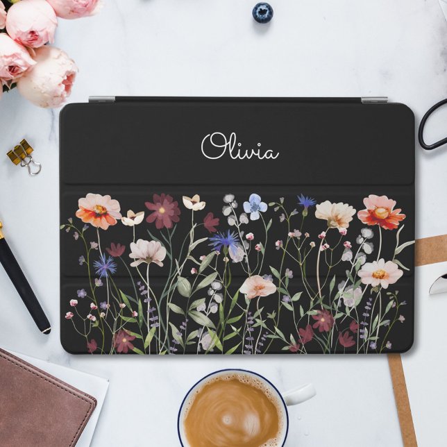 Monogrammed Watercolor Colorful Wildflower Meadow iPad Pro Cover (In situ)