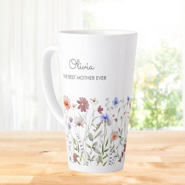 Monogrammed Watercolor Colorful Wildflower Meadow Latte Mug (In situ)