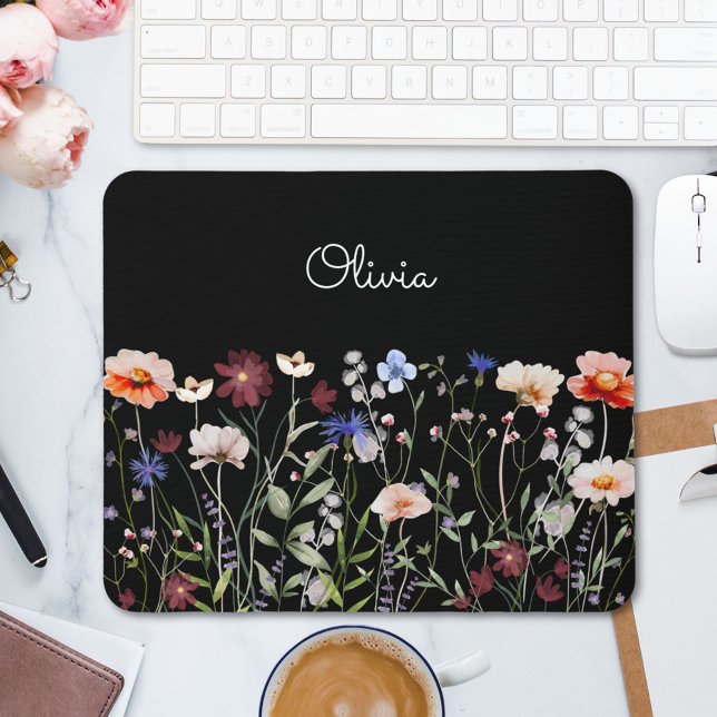 Monogrammed Watercolor Colorful Wildflower Meadow Mouse Pad (In situ)