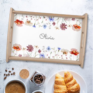 Monogrammed Watercolor Colorful Wildflower Meadow Serving Tray