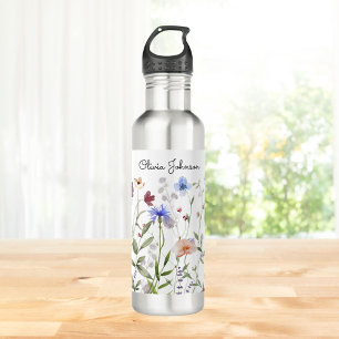 Monogrammed Watercolor Colorful Wildflower Meadow Stainless Steel Water Bottle