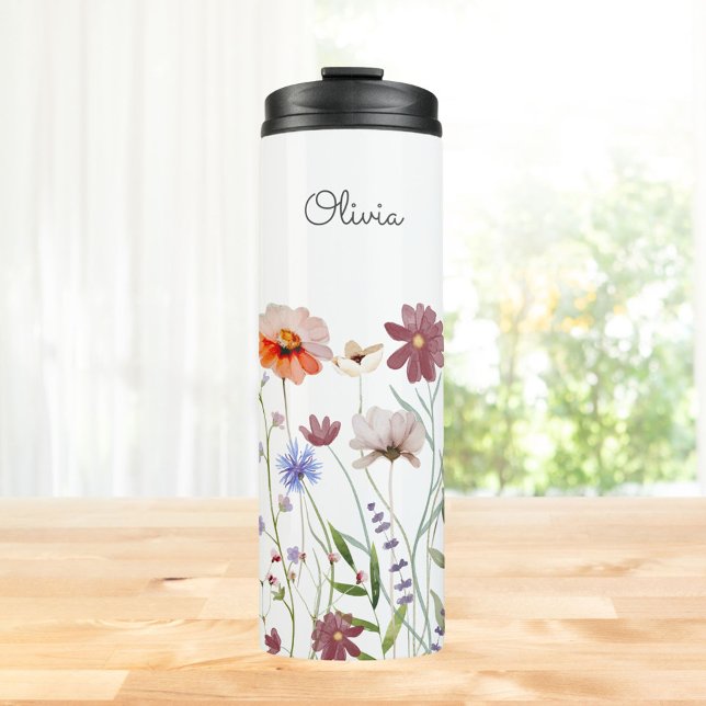 Monogrammed Watercolor Colorful Wildflower Meadow  Thermal Tumbler (In situ)