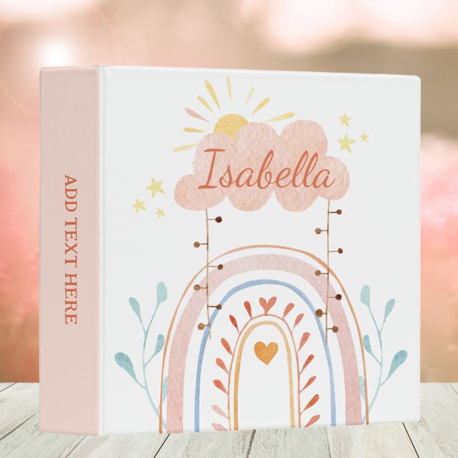 Monogrammed Watercolor Cute Rainbow Kids 3 Ring Binder (In situ)