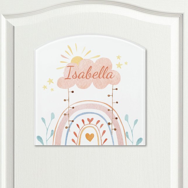 Monogrammed Watercolor Cute Rainbow Kids Door Sign (In situ)