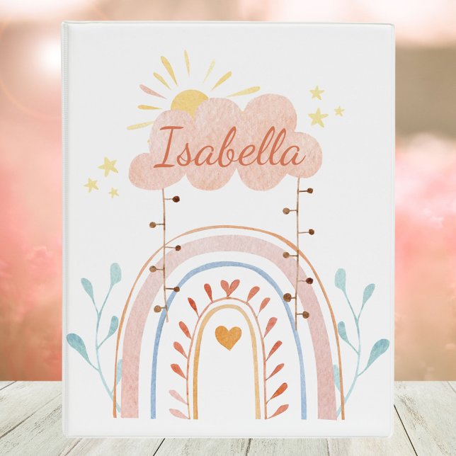 Monogrammed Watercolor Cute Rainbow Kids Mini Binder (Close up)