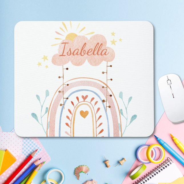 Monogrammed Watercolor Cute Rainbow Kids Mouse Pad (In situ)