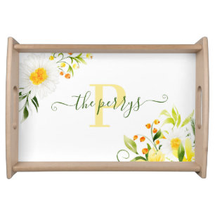 Monogrammed Watercolor Daisy Serving Tray