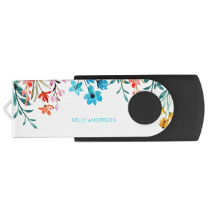 Monogrammed Watercolor Floral Girly Flash Drive